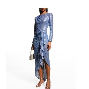 NEW SHO SEQUIN OPEN BACK LONG SLEEVE BLUE CORAL WOMEN'S GOWN SIZE M